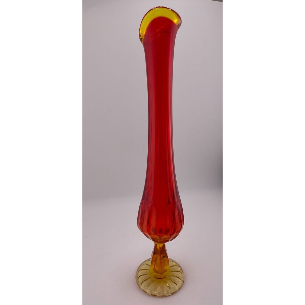 Swung Glass Vase Amberia Ribbed Orange Yellow 12" Tall Vintage Mid Century - Picture 2 of 6